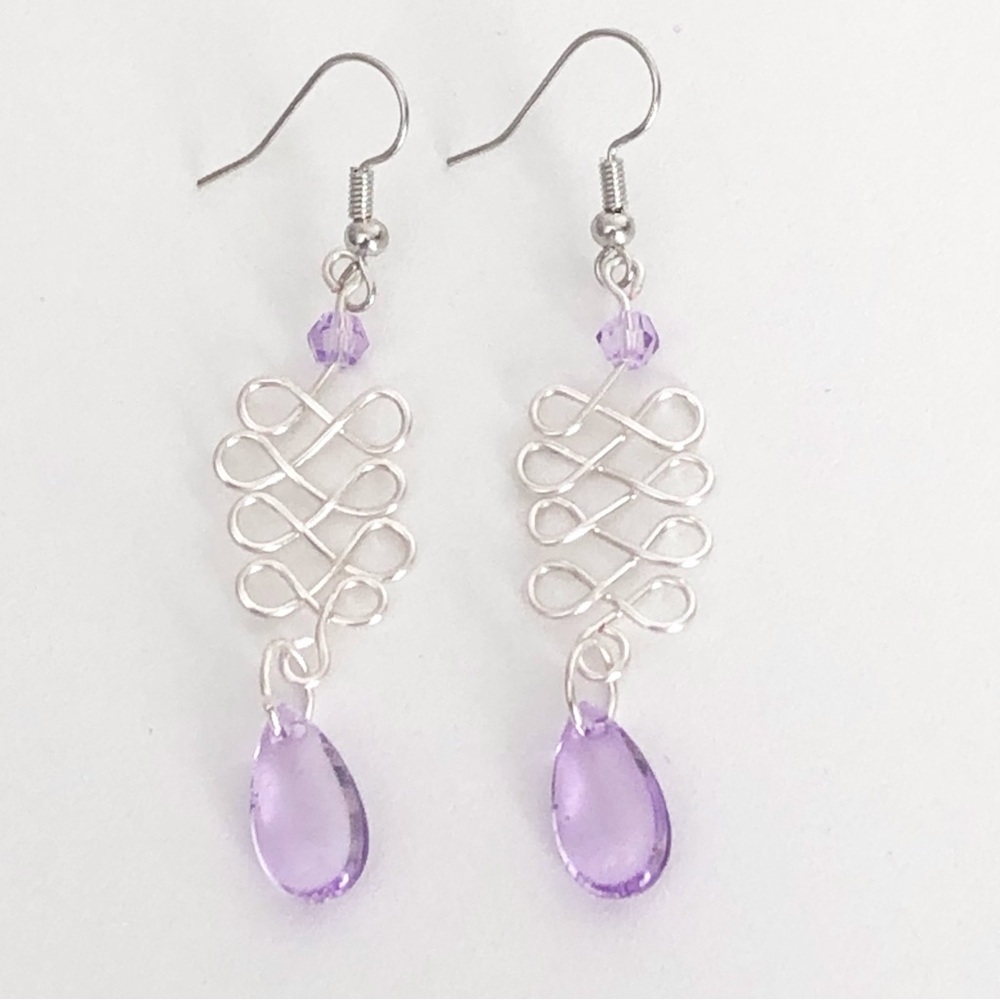 New Handmade Silver Sculpted Wire Purple Glass Teardrop Earrings Celtic Knot